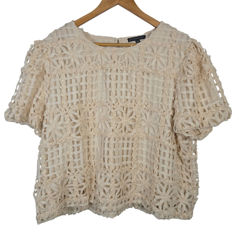 Adrianna Papell Ivory Floral Lattice Textured Short Sleeve Top XL